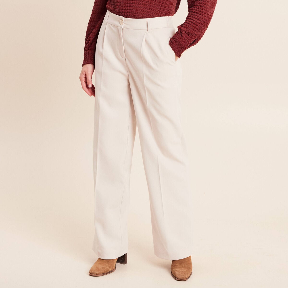 Pantalon taille haute en velours sable femme