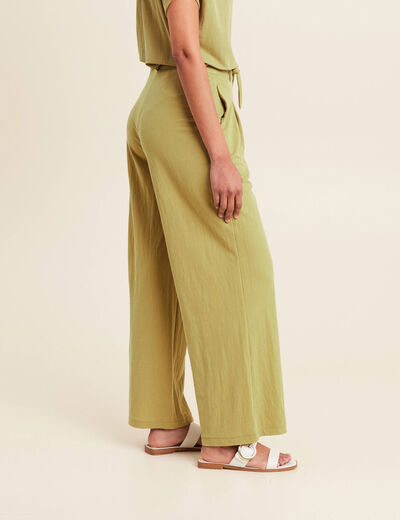 Pantalon fluide taille haute vert olive femme