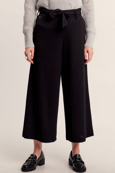 Pantalon large ceinturé noir femme