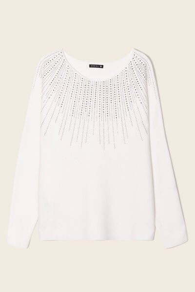 Pull manches longues strass ecru femme