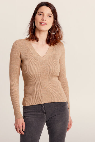 Pull manches longues côtelé couleur or femme