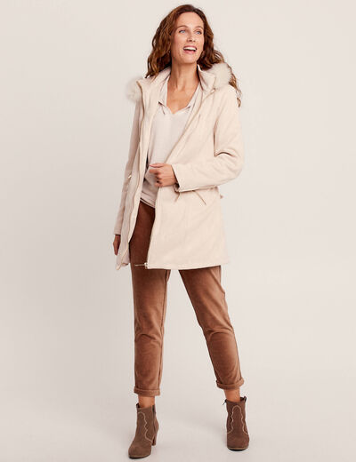 Manteau cintré suédine capuche beige femme