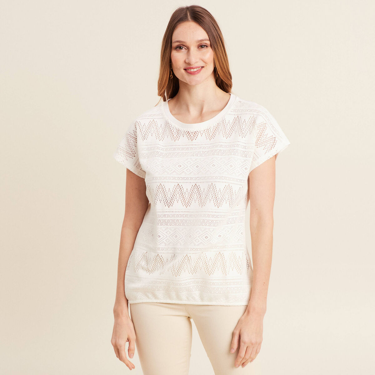 T-shirt manches courtes ajouré ecru femme