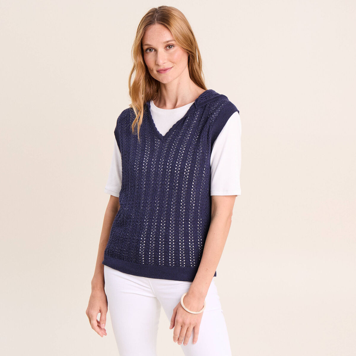 Pull droit sans manches &agrave; capuche bleu marine femme