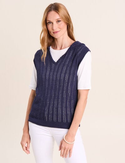 Pull droit sans manches &agrave; capuche bleu marine femme