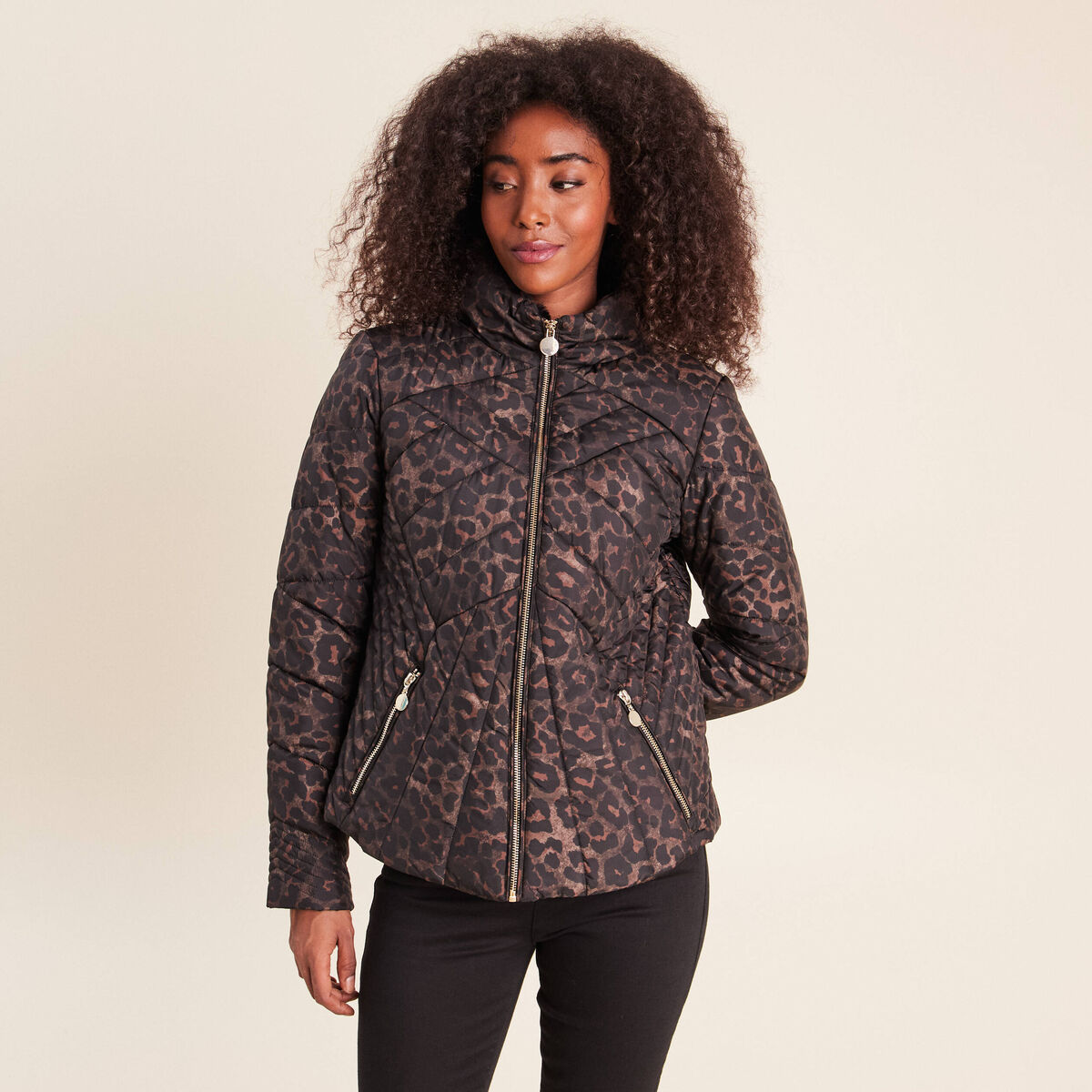 Doudoune d&eacute;perlante droite zipp&eacute;e marron femme