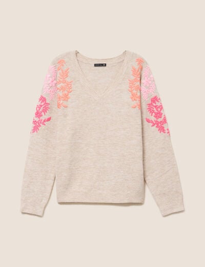 Pull col v avec broderie beige femme