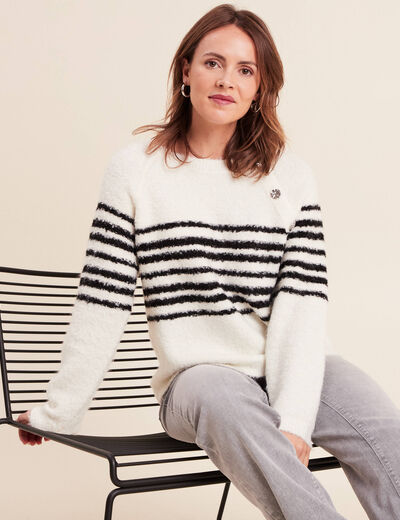 Pull bouclette col rond manches longues blanc femme