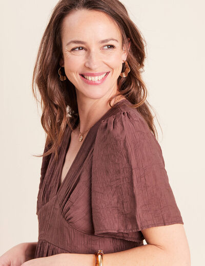 Robe &eacute;vas&eacute;e col v doubl&eacute;e marron fonc&eacute; femme