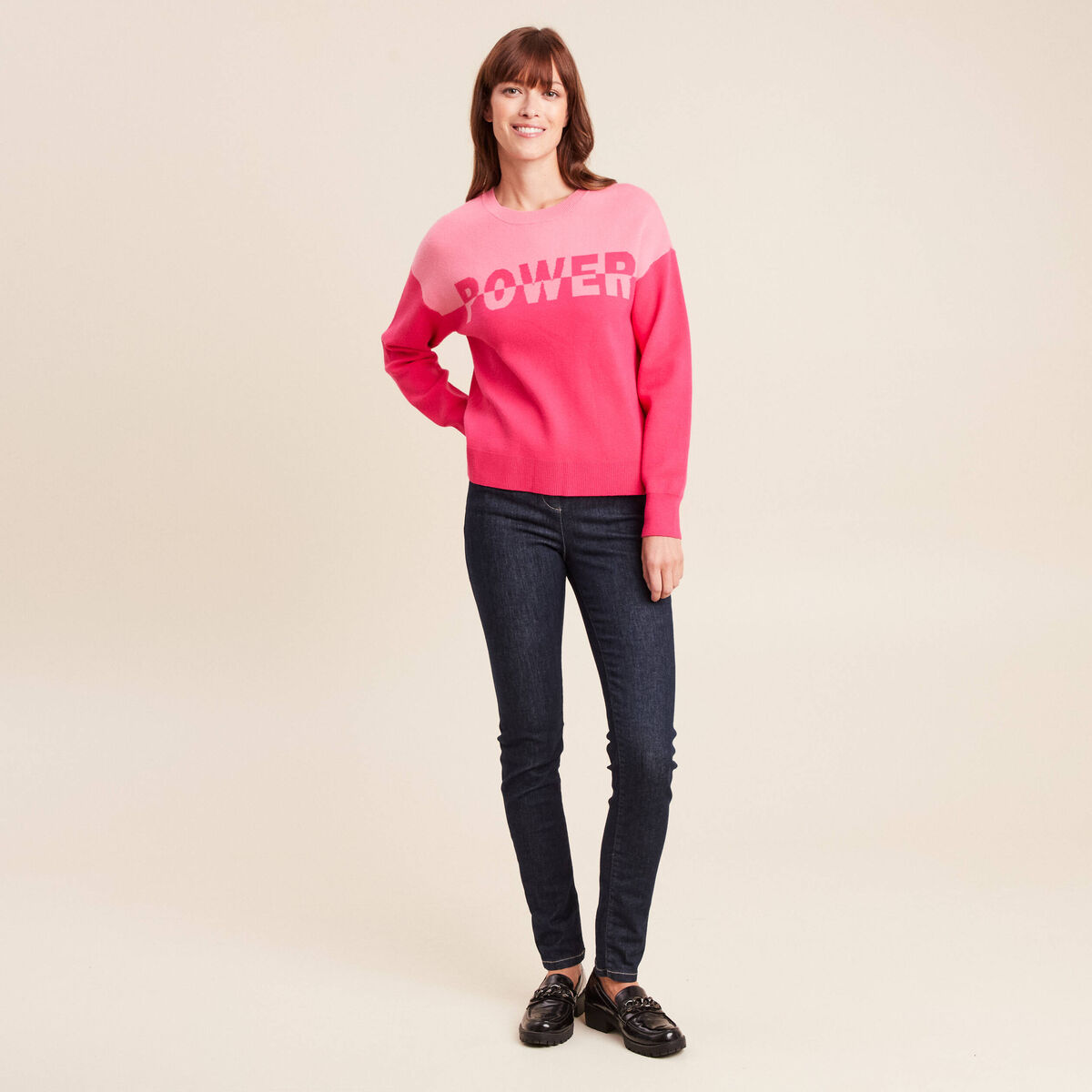 Pull col rond manches longues rose fushia femme