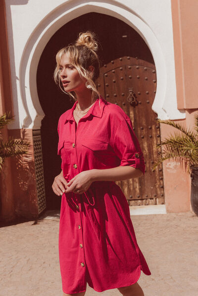 Robe boutonnée à manches courtes rose fushia femme