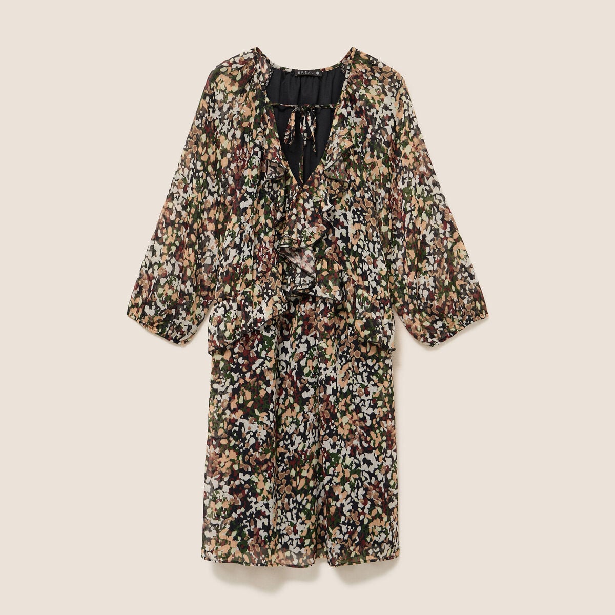 Robe courte &eacute;vas&eacute;e col v manches longues multicolore femme
