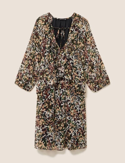 Robe courte &eacute;vas&eacute;e col v manches longues multicolore femme