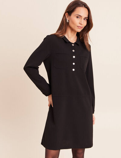 Robe droite courte en maille col chemise noir femme