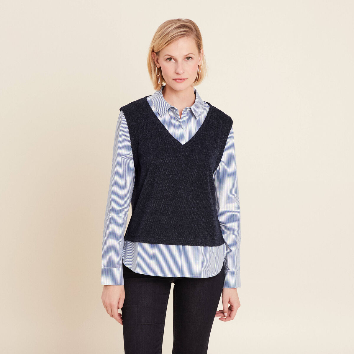 Pull effet 2-en-1 chemise bleu fonc&eacute; femme