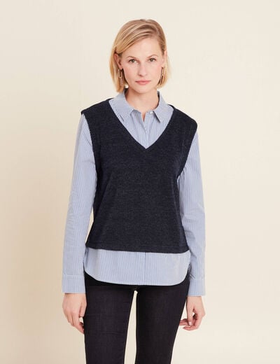 Pull effet 2-en-1 chemise bleu foncé femme