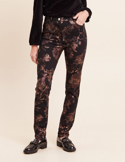 Pantalon ajust&eacute; taille haute denim noir enduit femme