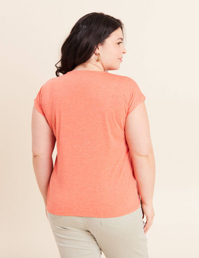 T-shirt col v manches courtes orange fluo femme