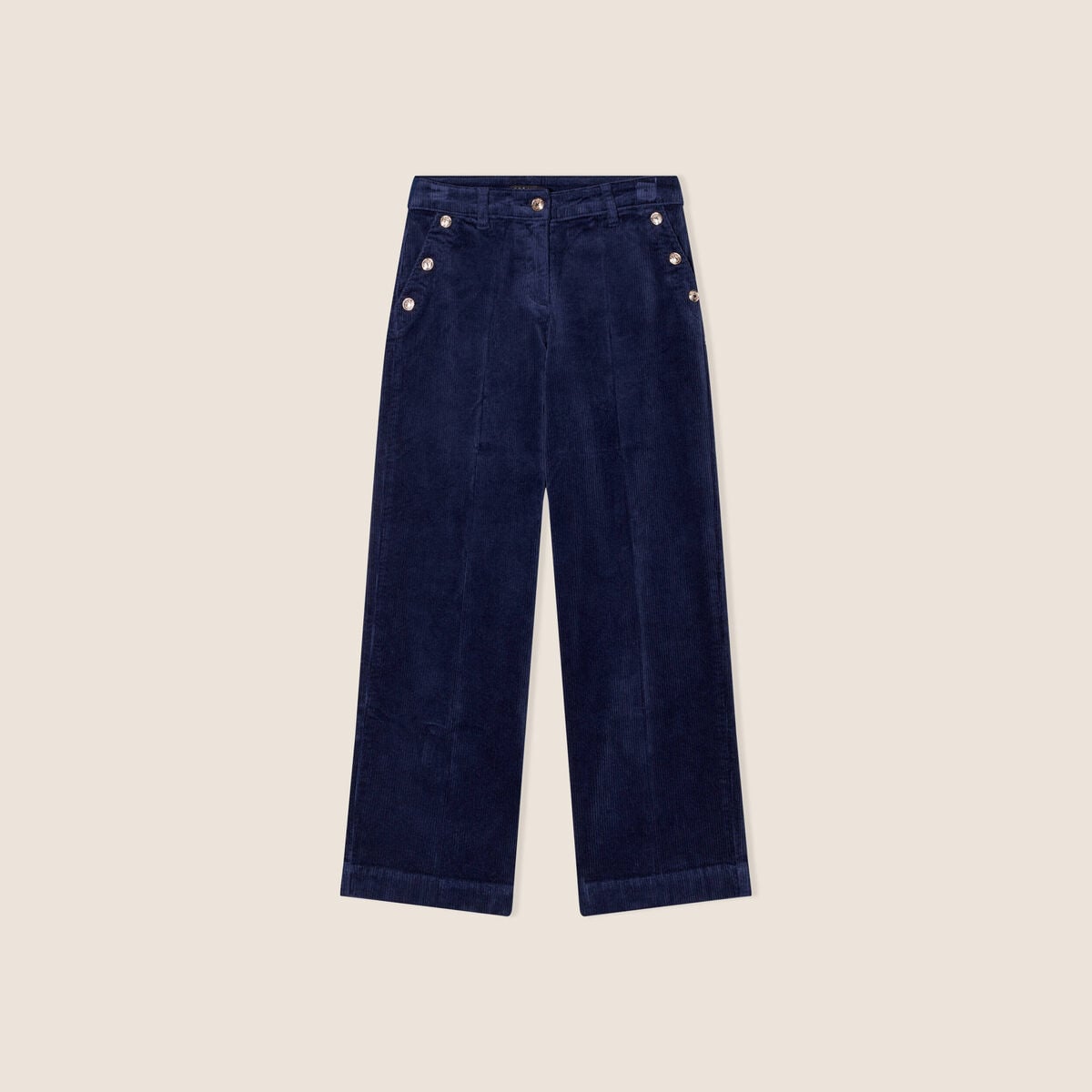 Pantalon large velours c&ocirc;tel&eacute; bleu marine femme