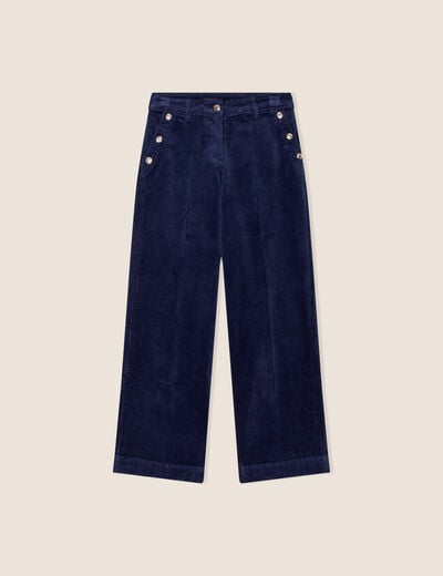 Pantalon large velours c&ocirc;tel&eacute; bleu marine femme