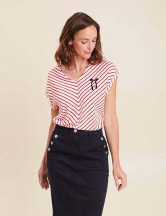 T-shirt manches courtes brodé rouge femme