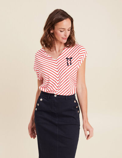 T-shirt manches courtes brodé rouge femme