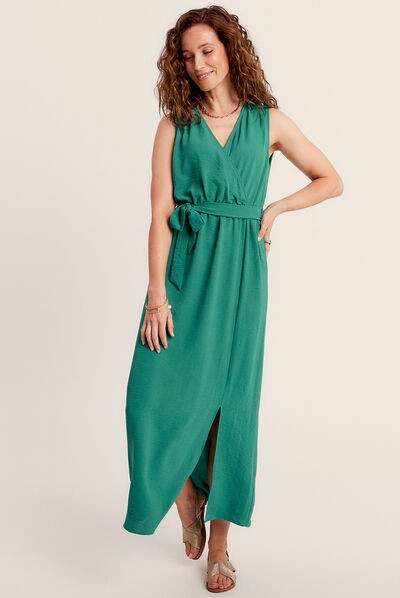 Robe longue droite ceinturée vert femme