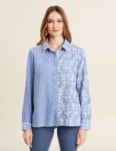 Chemise manches longues brodée bleu clair femme