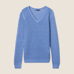 Pull manches longues col en V bleu ciel femme