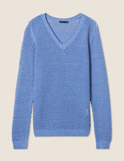 Pull manches longues col en V bleu ciel femme