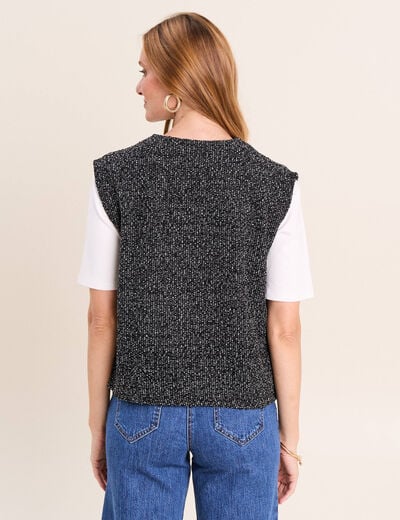 Gilet tweed droit court sans manches noir femme