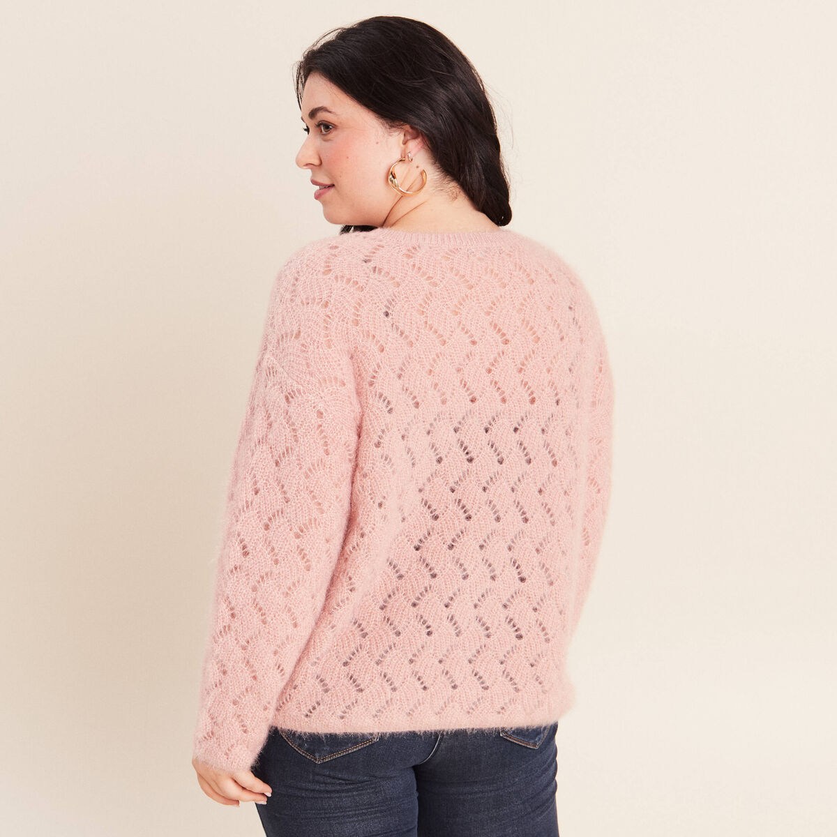 Pull manches longues ajour&eacute; vieux rose femme