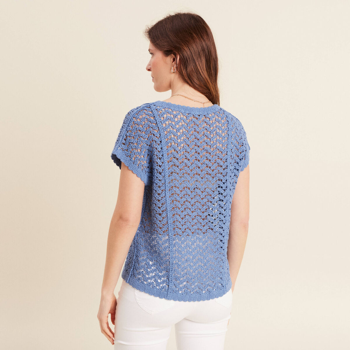 Pull manches courtes ajour&eacute; bleu ciel femme