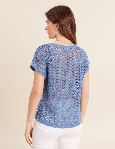 Pull manches courtes ajouré bleu ciel femme