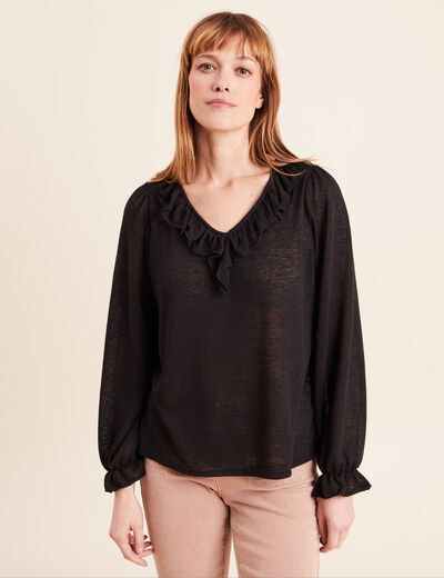 Blouse col v manches longues noir femme