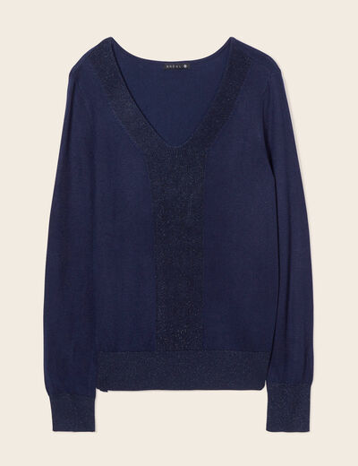 Pull Femme en Tricot Col V Manches Longues Casual Pullover Lâche Couluer Unie Confortable Bleu