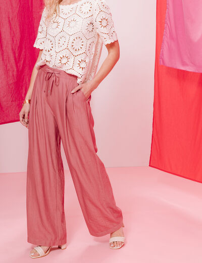 Pantalon fluide taille haute mauve femme