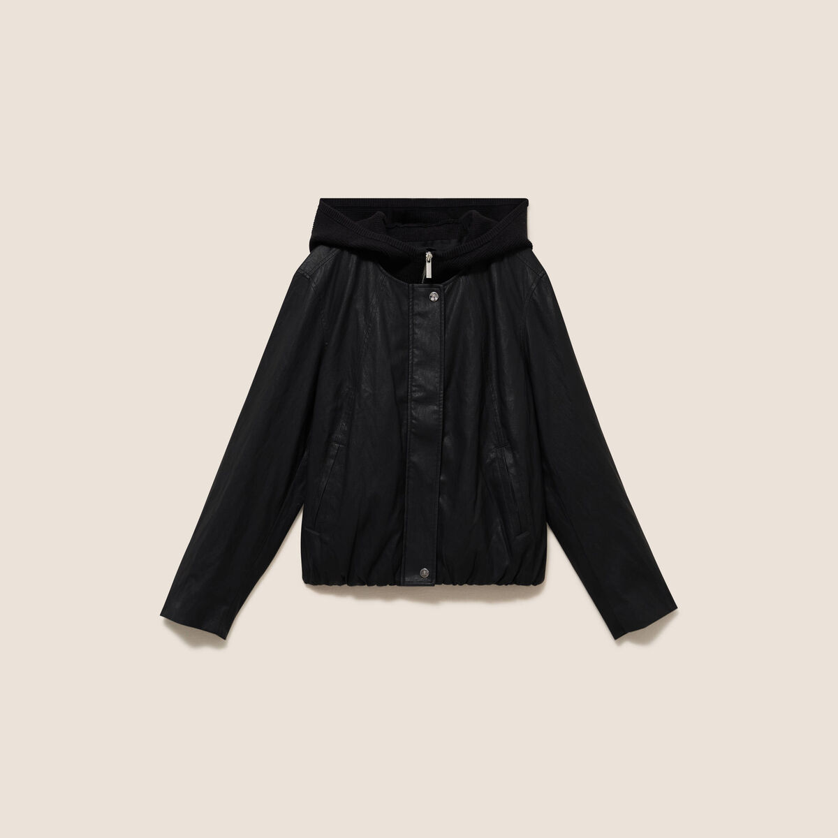 Blouson capuche bas resserr&eacute; similicuir noir femme