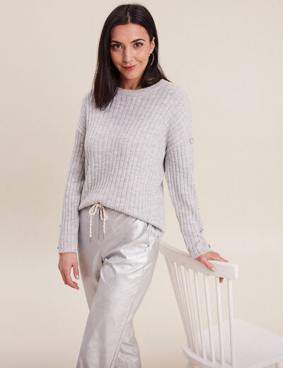 Pull manches longues côtelé gris clair femme