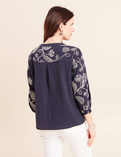 Blouse col tunisien manches 3/4 bleu femme