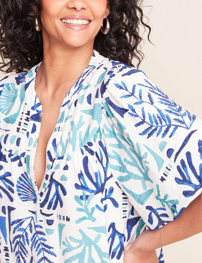 Robe droite courte col tunisien bleu femme