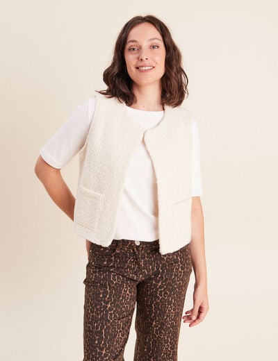 Gilet sans manches bouclette poches ecru femme