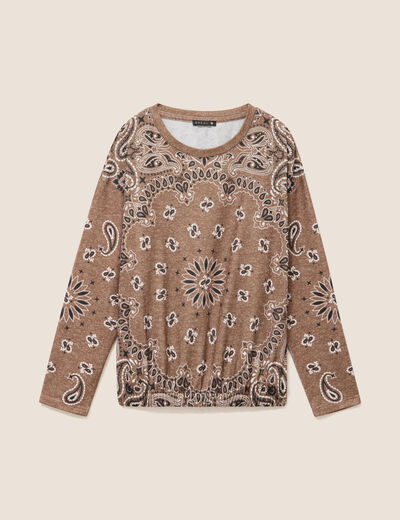 Pull col rond manches longues strass marron femme