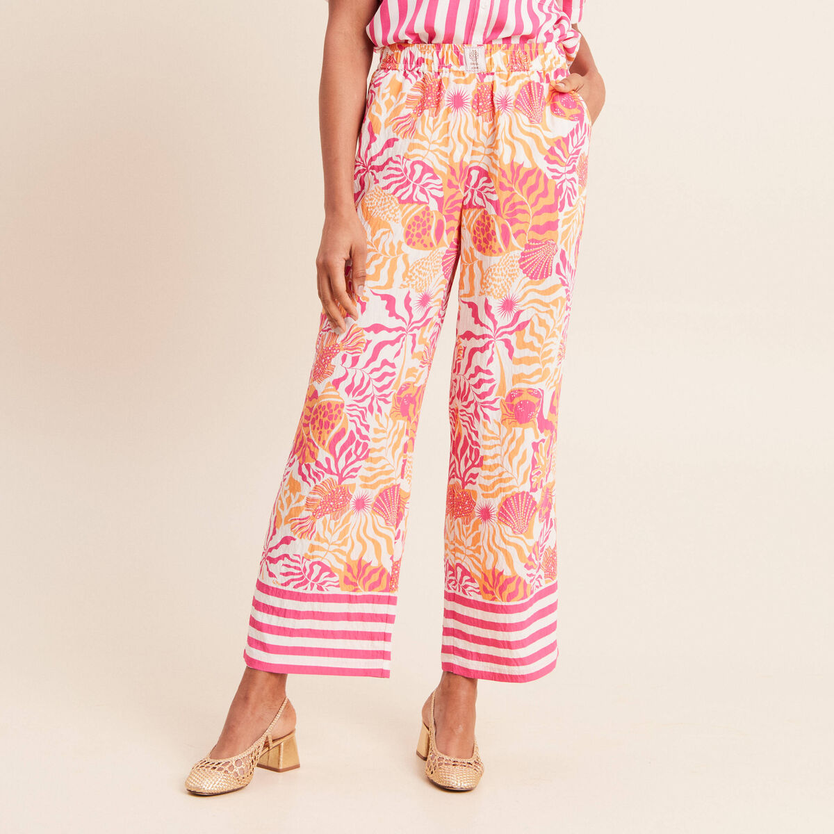 Pantalon fluide et large taille haute rose corail femme