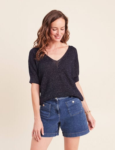 Pull col v bleu marine femme