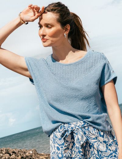 Pull manches courtes bleu femme