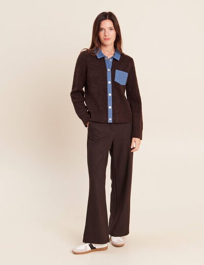 Veste col chemise manches longues marron fonc&eacute; femme