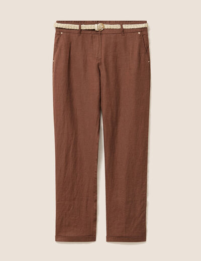 Pantalon coupe chino en lin ceintur&eacute; marron fonc&eacute; femme