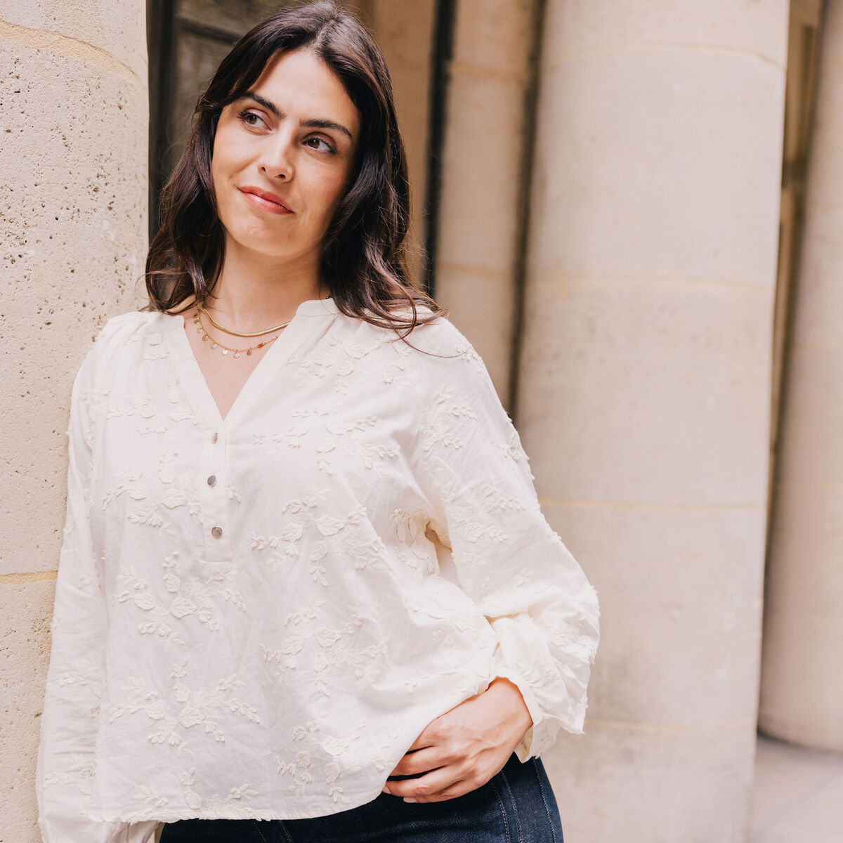 Blouse ample manches longues fluide ecru femme