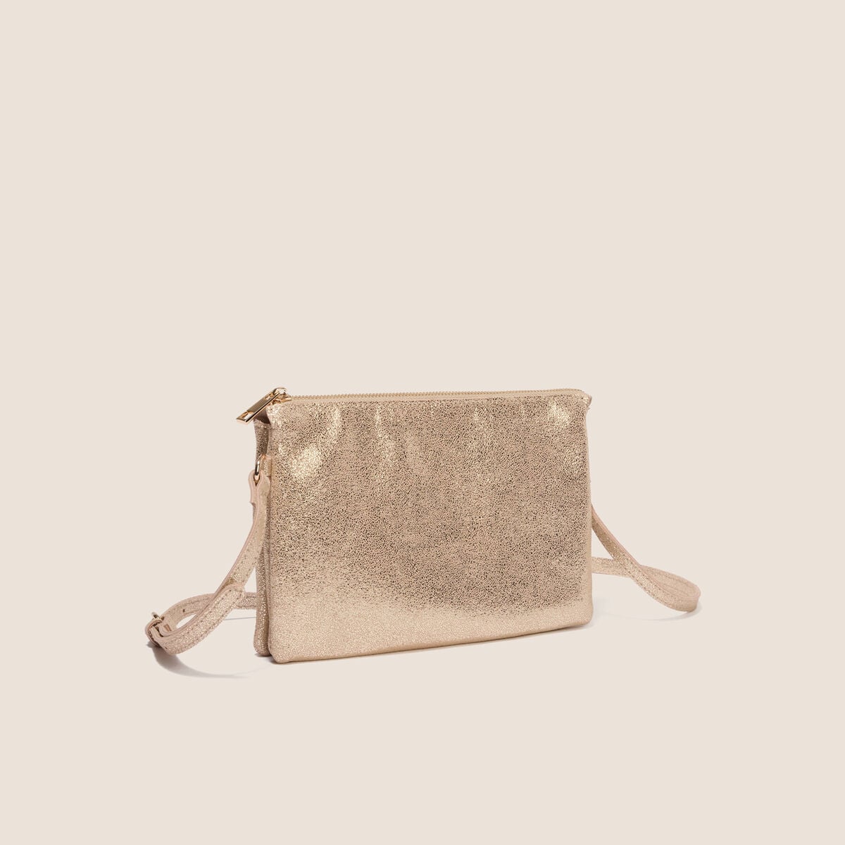 Sac bandouli&egrave;re satin&eacute; 2 pochettes couleur or femme